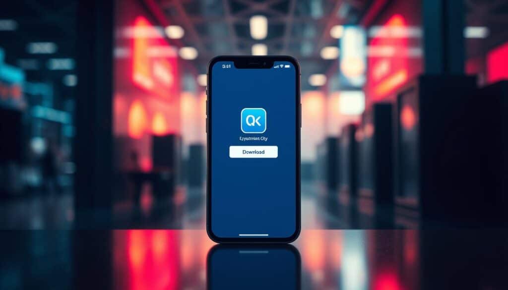 A mobile app download screen set against a sleek, modern backdrop. In the foreground, a smartphone displayed prominently, its screen showing the QK Entertainment City app icon and download button. The middle ground features a minimalist yet stylish user interface, with clean lines and a sophisticated color palette of blues and grays. The background is softly blurred, creating a sense of depth and focus on the app download experience. Warm, directional lighting accentuates the screen's details, while a subtle reflection on the smartphone's surface adds depth and realism. The overall impression is one of a seamless, high-quality mobile app installation process.