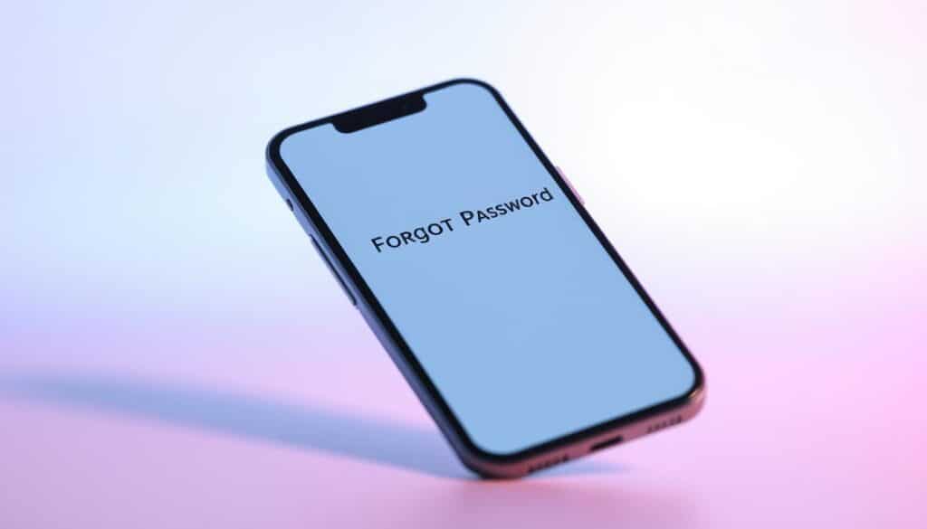 A mobile phone screen displaying the "Forgot Password" interface, with a minimalist and clean design. The background is a soft, blurred gradient of pastel colors, creating a calming and inviting atmosphere. The phone is positioned slightly tilted, creating a sense of depth and movement. The "Forgot Password" text is rendered in a modern, sans-serif font, with a clear and legible presentation. The overall composition emphasizes the simplicity and user-friendliness of the password recovery process, reflecting the section title "忘記密碼的處理方法".
