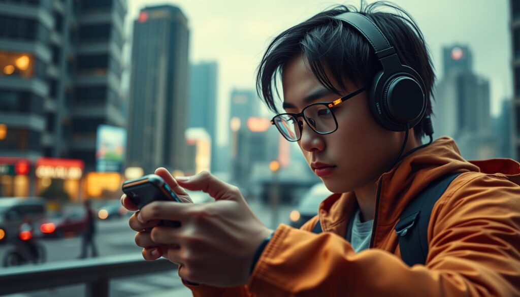 A modern Taiwanese gamer intently focused on a real-time sports betting interface, their eyes glued to a sleek, ultra-responsive smartphone display. The foreground depicts the gamer's hands skillfully navigating the betting app's intuitive controls, making quick, decisive wagers. The middle ground showcases the app's vibrant, data-rich interface, with live score updates, team stats, and betting odds. In the background, a blurred urban cityscape sets the scene, hinting at the gamer's location in a bustling Taiwanese metropolis. Warm, muted lighting and a sense of determination convey the intensity and immersion of the gaming experience. The overall atmosphere is one of focused intensity, technological savvy, and the thrill of real-time sports betting.