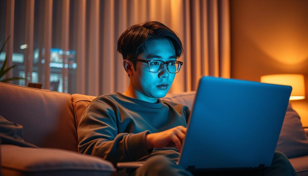 A modern Taiwanese living room setting, with a young adult casually sitting on a plush sofa, their gaze intently fixed on a laptop screen. The room is illuminated by warm, ambient lighting, creating a cozy and relaxed atmosphere. In the background, subtle hints of a smartphone and gaming controller suggest a mix of digital entertainment and potentially online gambling activities. The subject's facial expression and body language convey a sense of contemplation, as if weighing the merits and risks of their online gaming habits. The composition should strike a balance between the individual's private moment and the broader cultural context surrounding the acceptance of online gambling in Taiwan.