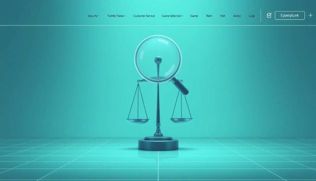 A modern and elegant web interface featuring a minimalist design with clean lines and a soothing color palette. In the foreground, a magnifying glass icon hovers over a series of evaluation criteria, such as security, fairness, customer service, and game selection. The middle ground showcases a balanced scale, symbolizing the importance of impartial assessment. In the background, a subtle grid pattern creates a sense of structure and organization, while the overall atmosphere exudes a professional and trustworthy ambiance, suitable for an authoritative article on online gambling platforms.
