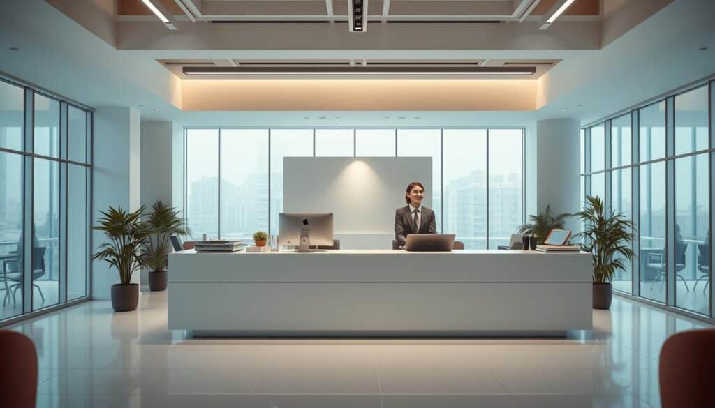 A modern and professional customer service desk in a sleek, minimalist design. The desk is situated in a bright, airy space with large windows allowing natural light to flood in. The desk is manned by a friendly, attentive customer service representative wearing a crisp, tailored uniform. The atmosphere is one of efficiency, competence and a commitment to providing excellent service. The overall impression is of a highly capable, customer-centric organization that values professionalism and attention to detail. The lighting is soft and diffused, creating a warm, welcoming ambiance. The camera angle is slightly elevated, giving a bird's-eye view of the scene and emphasizing the clean, organized layout of the workspace.