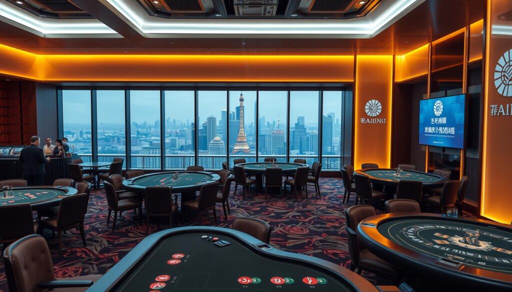 A modern and sleek online casino in Taiwan, with a warm, inviting atmosphere. The foreground features high-end gaming tables, surrounded by luxurious decor, plush fabrics, and soft lighting. The middle ground showcases the casino's branding and logo, prominently displayed on the walls. In the background, a panoramic view of the Taipei skyline can be seen through large windows, creating a sense of urban sophistication. The overall composition conveys a sense of legitimacy, regulation, and a premium gambling experience for discerning Taiwanese players.