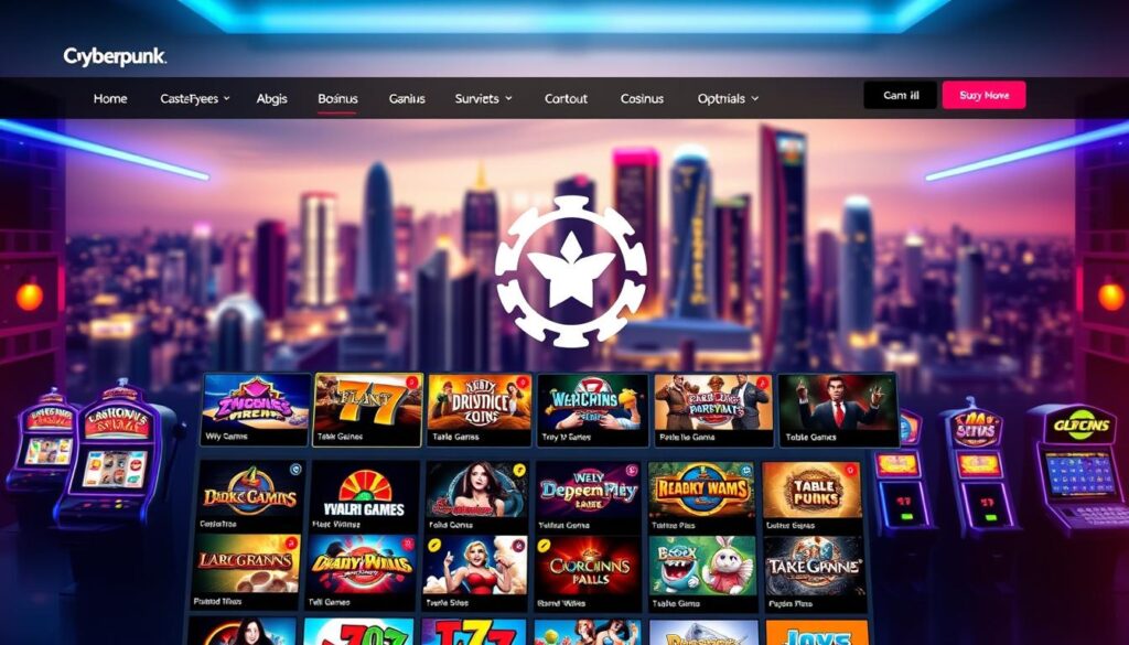 A modern and sleek online casino website with a vibrant color palette and clean, minimalist design. The foreground features various casino game icons such as slot machines, table games, and live dealer options, all arranged in a visually appealing grid layout. The middle ground showcases a large, prominently displayed casino logo or brand name, conveying a sense of trust and reliability. The background features a subtle, blurred cityscape or skyline, suggesting a sophisticated, urban setting. The overall lighting is warm and inviting, creating a welcoming atmosphere. The composition is balanced and visually striking, capturing the essence of a trustworthy and reputable online entertainment destination.