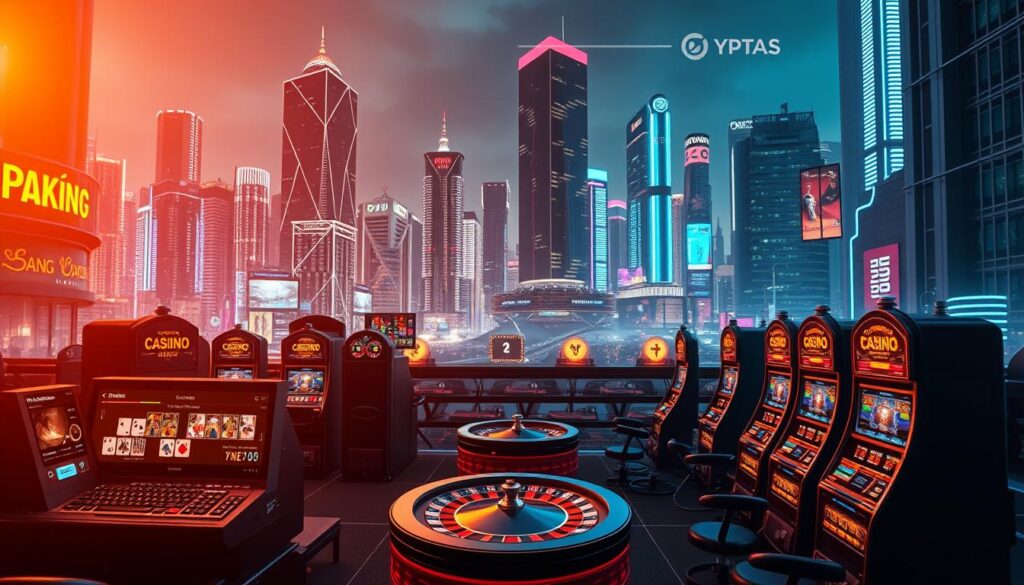 A modern and sleek online gambling platform with a clean and intuitive interface. The foreground showcases an array of popular casino games such as poker, roulette, and slot machines, with vibrant colors and crisp graphics. The middle ground features various payment options and security measures, conveying a sense of trust and reliability. In the background, a cityscape with towering skyscrapers and neon lights creates an urban, futuristic atmosphere, reflecting the cutting-edge technology powering the platform. The overall mood is one of excitement, sophistication, and the thrill of high-stakes gaming. Warm, directional lighting from the side emphasizes the depth and dynamism of the scene, captured through a wide-angle lens for a cinematic, immersive effect.