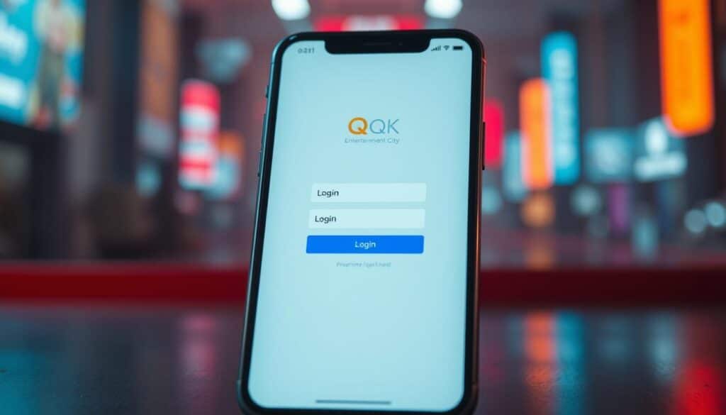 A modern and sleek smartphone display, showcasing the QK Entertainment City login screen. The screen is backlit with a warm, inviting glow, casting a soft light across the user interface. The login fields are prominently displayed, with a clean and minimalist design that encourages seamless interaction. The background features a subtle gradient, evoking a sense of depth and elegance. The overall composition conveys a premium, high-quality experience for the user, reflecting the premium nature of the QK Entertainment City platform. The image is captured from a slightly elevated angle, providing a natural and inviting perspective for the viewer.