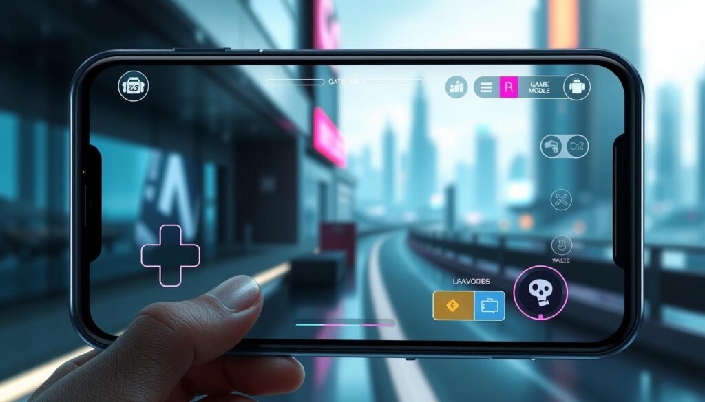 A modern and sleek user interface for a mobile gaming app, featuring a clean and intuitive layout. In the foreground, a crisp and responsive touch screen displays various game modes and options, with colorful icons and minimalist typography. In the middle ground, subtle gradients and geometric shapes create a sense of depth and dynamism, complementing the overall aesthetic. The background showcases a blurred, out-of-focus cityscape, evoking a sense of urban sophistication and technological advancement. The lighting is soft and diffused, creating a warm and inviting atmosphere that enhances the user's immersive gaming experience.