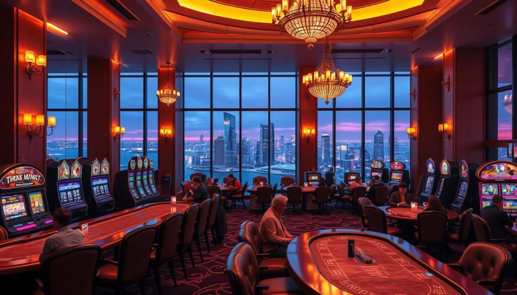 A modern and sophisticated online casino lobby, bathed in a warm, inviting glow. The foreground features a row of gaming tables with players engaged in lively gameplay, the plush, leather-upholstered chairs and polished wooden surfaces conveying a sense of luxury. In the middle ground, rows of slot machines beckon with their vibrant, flashing displays. The background is adorned with elegant chandeliers, ornate wall sconces, and a panoramic view of a bustling city skyline visible through large, expansive windows. The overall atmosphere is one of excitement, exclusivity, and the anticipation of potential winnings.