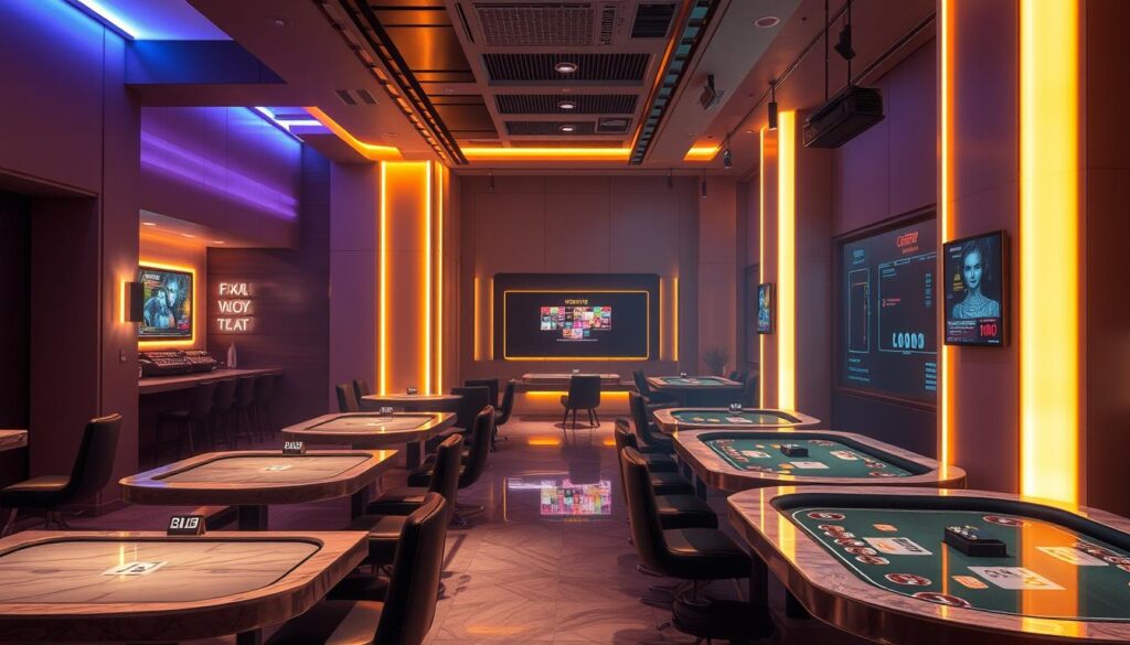 A modern and sophisticated online casino platform, illuminated by warm ambient lighting casting a soft, inviting glow. The interior design features clean lines, minimalist elegance, and subtle hints of luxury - plush leather seating, gleaming marble countertops, and tasteful decor accents. Virtual gaming tables are positioned strategically, creating an immersive and seamless experience for players. The atmosphere exudes a sense of exclusivity and comfort, encouraging focused engagement with the variety of casino games on offer. Sleek and intuitive user interface with easy navigation, allowing users to effortlessly explore and enjoy the comprehensive suite of entertainment options.
