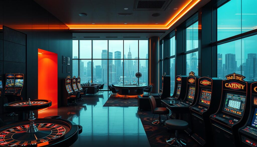 A modern and sophisticated online casino with a sleek, minimalist design. The entrance is bathed in a warm, inviting glow, drawing the player's attention to the array of game options available. In the foreground, a variety of casino games are visible, including roulette, blackjack, and slot machines, all rendered in high detail with a focus on realistic textures and lighting. The middle ground features a lounge area with plush seating and a bar, creating a sense of relaxation and indulgence. In the background, the city skyline is visible through large windows, emphasizing the online nature of the casino and the convenience it offers. The overall mood is one of luxury, excitement, and the promise of potential winnings, inviting the viewer to explore the intriguing world of online gambling.