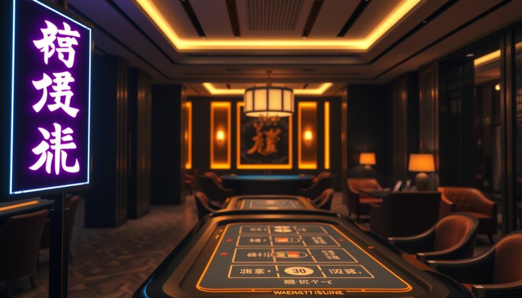 A modern and sophisticated online casino with a sleek, minimalist design. The foreground features a high-contrast, neon-lit sign that boldly displays the name "合法娛樂城" in elegant Chinese characters. The middle ground showcases a stylish, well-lit gaming table with a clean, geometric layout, inviting players to engage in fair, regulated gameplay. The background depicts a luxurious, dimly lit interior with warm, subdued lighting, plush seating, and subtle accents that convey a sense of exclusivity and attention to detail. The overall atmosphere is one of sophistication, security, and responsible entertainment.