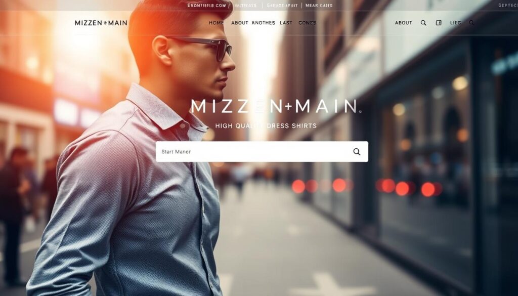 A modern and stylish e-commerce website for the Mizzen+Main menswear brand. In the foreground, a well-designed product page showcases a high-quality, tailored dress shirt against a neutral background. The middle ground features a clean, minimalist layout with a prominent search bar and intuitive navigation menu. In the background, a blurred lifestyle image captures the brand's refined, professional aesthetic - a well-dressed man confidently striding through a bustling city street. Warm, diffused lighting casts a soft, inviting glow over the entire scene, creating a visually appealing and immersive shopping experience.