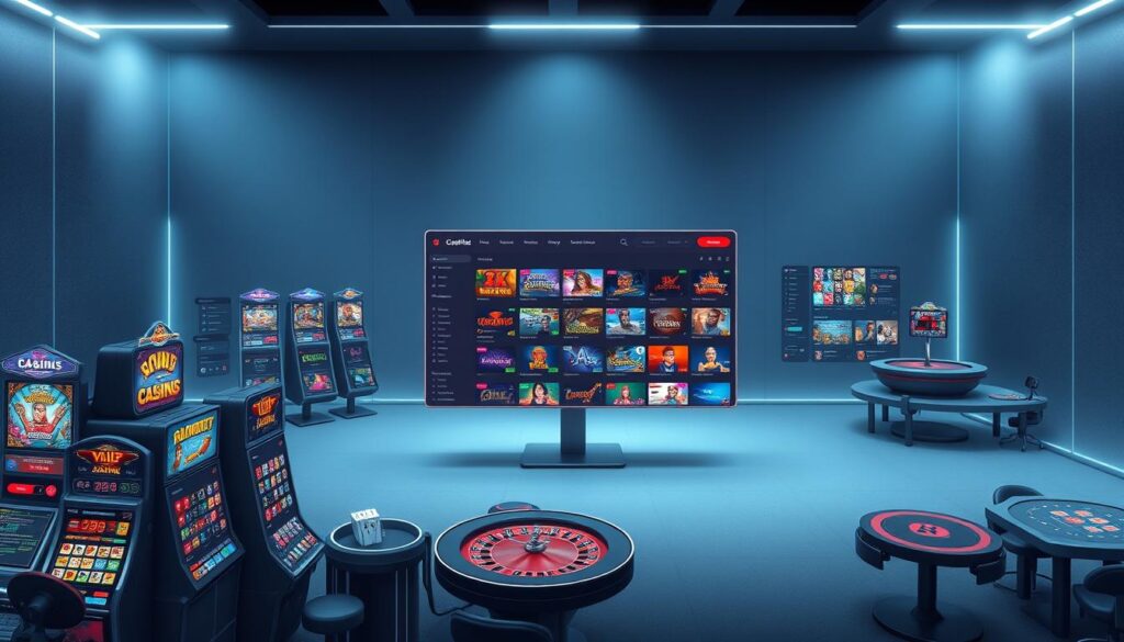 A modern and stylish online gambling website, showcasing an array of casino games against a sleek and minimalist backdrop. The foreground features various gaming options such as slot machines, roulette, and card tables, all rendered in a vibrant and visually appealing manner. The middle ground depicts a well-designed user interface, with intuitive navigation and clear displays of game information. In the background, a sophisticated color palette of grays, blues, and subtle highlights creates a sense of elegance and sophistication. Soft, even lighting illuminates the scene, conveying a professional and trustworthy atmosphere. The overall composition emphasizes the user-friendly and high-quality experience of the gambling website.