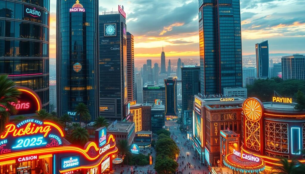 A modern and vibrant online entertainment city in 2025, with towering glass-and-steel skyscrapers adorned with neon-lit signs and digital billboards. Sleek, futuristic architecture blends seamlessly with lush, verdant parks and bustling city streets. In the foreground, a bustling, neon-lit casino facade allures passersby with its mesmerizing lights and sounds. The middle ground features a mix of high-end restaurants, bars, and entertainment venues, their facades reflecting the vibrant, neon-infused cityscape. The background showcases a panoramic view of the city skyline, bathed in a warm, golden glow from the setting sun. The overall scene conveys a sense of excitement, modernity, and the promise of an immersive, cutting-edge online entertainment experience.