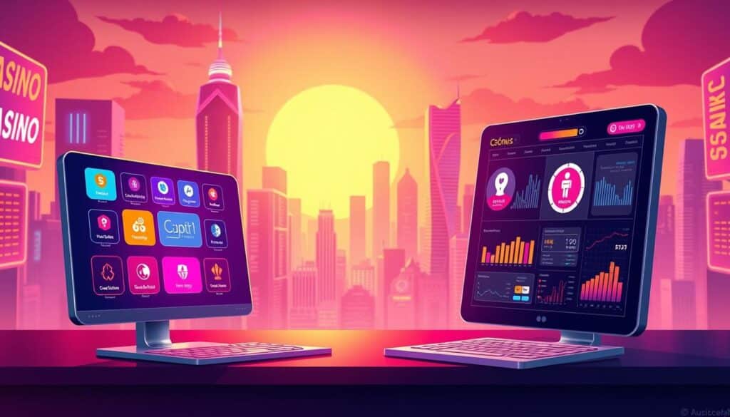 A modern and visually striking illustration showcasing the key elements to consider when choosing an online casino platform. In the foreground, a sleek and intuitive user interface with vibrant icons representing crucial features like bonuses, security, game selection, and mobile compatibility. In the middle ground, subtly depicted data visualizations and analytics to highlight the transparency and trustworthiness of the platform. In the background, a cityscape with neon-lit skyscrapers, evoking the excitement and energy of the online casino industry. The scene is bathed in a warm, inviting lighting that creates a sense of sophistication and professionalism. The overall mood is one of confidence, reliability, and an emphasis on the player's needs and preferences.