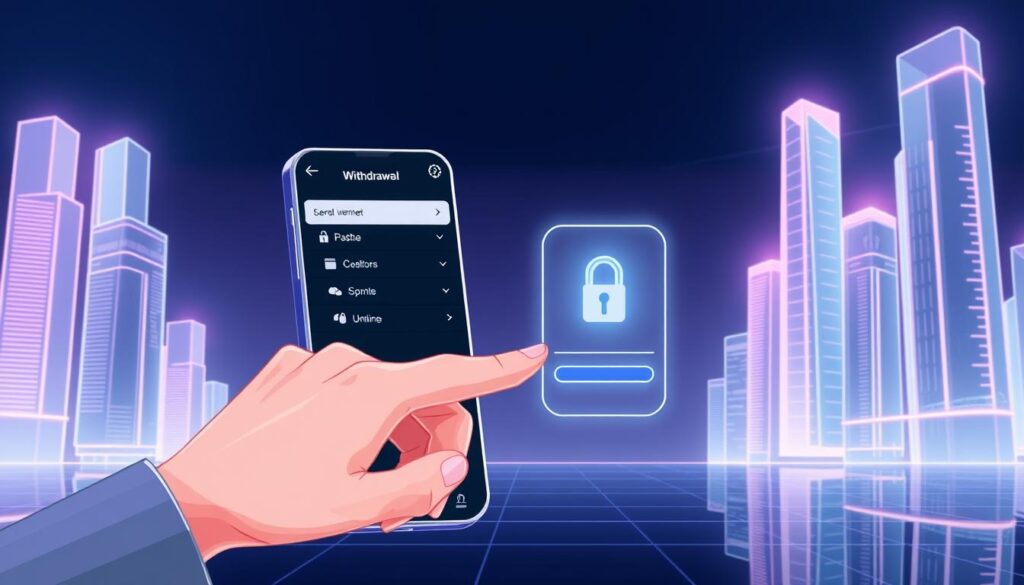A modern, clean-cut illustration depicting the step-by-step process of a seamless online casino withdrawal. In the foreground, a hand interacts with a sleek, minimalist mobile banking app interface, tapping through the withdrawal menu. The middle ground shows a secure transaction taking place, with data encryption symbols and a loading progress bar. In the background, a serene, futuristic cityscape with towering glass skyscrapers evokes a sense of technological advancement and financial security. Bright, cool-toned lighting accentuates the high-tech, efficient atmosphere. The overall composition conveys a smooth, stress-free experience of fast, reliable online casino payouts.