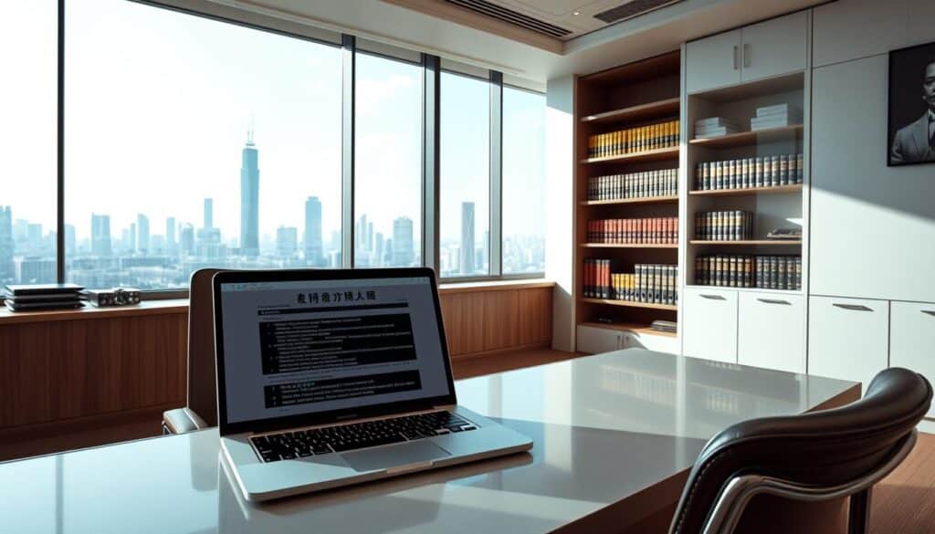 A modern, clean-lined office interior with a large panoramic window overlooking a bustling city skyline. On the desk, a laptop displays legal documents and regulations related to gambling laws in Taiwan. The lighting is bright and airy, with natural daylight flooding the space. The atmosphere conveys a sense of professionalism and legal authority. In the foreground, a stylish leather chair and a sleek, minimalist desk accented with metallic details. The middle ground features shelves filled with law books and other legal resources. The background showcases the urban landscape beyond the window, hinting at the broader context of the gambling regulations.