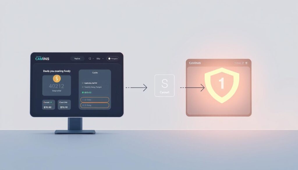 A modern, clean-looking illustration depicting the step-by-step process of quickly depositing and withdrawing funds from an online casino. Show a series of intuitive, user-friendly UI screens in the foreground, with a sleek, minimalist background that evokes a sense of security and reliability. Use a soft, muted color palette and subtle lighting to create a calming, professional atmosphere. Capture the seamless flow of the transaction process through smooth, well-defined interactions between the user and the digital interface. Ensure the visuals effectively communicate the convenience and efficiency of the online casino's financial management system.