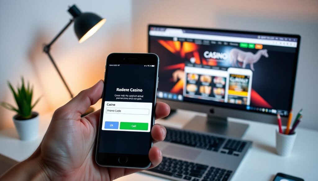 A modern, clean-looking webpage depicting the process of redeeming an online casino promotional code. The foreground shows a person's hand holding a smartphone, with the screen displaying the casino's webpage and a form field for entering the promo code. The middle ground features a laptop or desktop computer, showcasing the same casino website on the screen. The background presents a minimalist office or home workspace setting, with a potted plant, a pen cup, and other subtle office accessories to create a professional, organized atmosphere. The lighting is soft and diffused, creating a warm, inviting ambiance. The overall composition highlights the ease and convenience of redeeming online casino promotions on various devices.