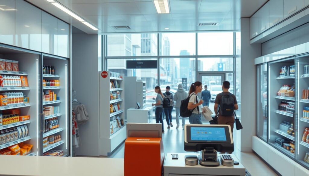 A modern convenience store interior with a sleek and minimalist design. Bright, natural lighting illuminates the space, highlighting the clean lines and neutral color palette. In the foreground, a payment counter with a digital display and various payment options, including a contactless payment terminal. Behind the counter, shelves stocked with everyday essentials and snacks. The middle ground features customers casually browsing the aisles, creating a sense of activity and purpose. In the background, large windows provide a view of the bustling urban streetscape outside, reinforcing the integration of the store within the local community. The overall atmosphere conveys efficiency, accessibility, and the ease of modern commerce.