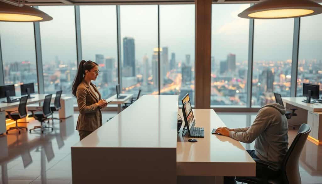 A modern customer service center with warm and welcoming atmosphere. In the foreground, a customer service representative dressed in a professional, yet approachable outfit, offers assistance to a client seated across a sleek, minimalist desk. The middle ground showcases a clean, open-plan layout with ergonomic workstations and subtle lighting fixtures. In the background, large windows provide a panoramic view of a vibrant cityscape, conveying a sense of connectivity and urban dynamism. The overall scene exudes efficiency, responsiveness, and a customer-centric ethos, reflecting the high standards of service expected at the Ala8 Entertainment City.
