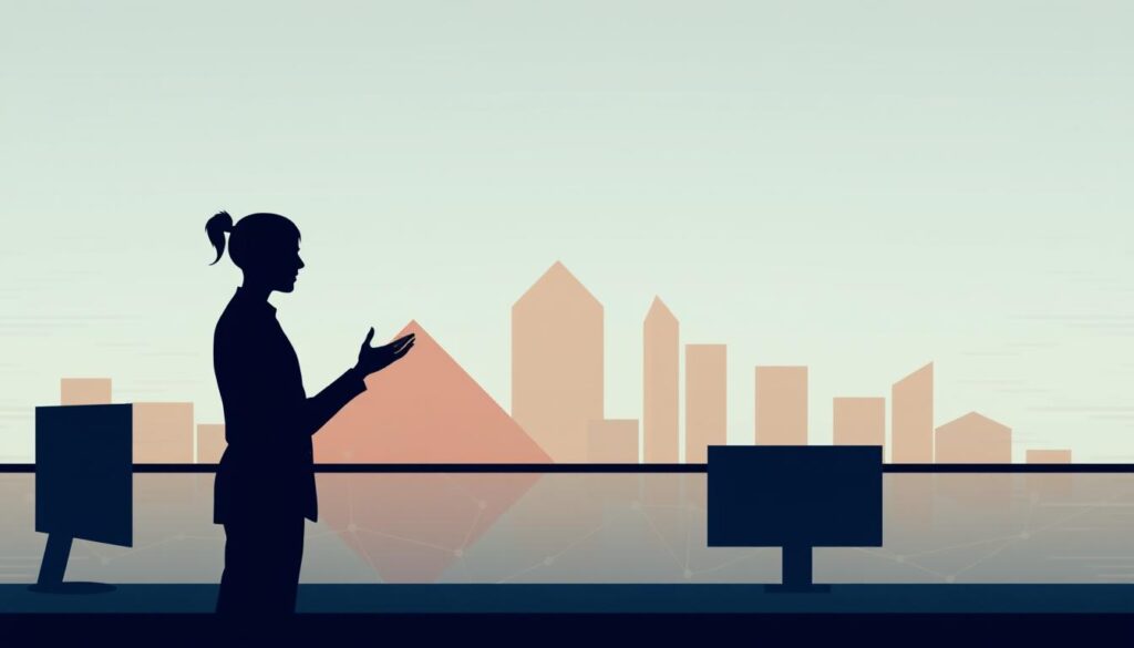 A modern customer service transformation strategy in a sleek, minimalist design. In the foreground, a stylized silhouette of a customer service agent gestures dynamically, representing the transition to a more efficient, technology-driven approach. In the middle ground, abstract geometric shapes in warm, earthy tones suggest the integration of new digital tools and processes. The background features a subtle, linear pattern evoking a sense of interconnectivity and a forward-looking perspective. Soft, diffused lighting creates a professional, aspirational atmosphere, emphasizing the strategic, forward-thinking nature of the customer service transformation.