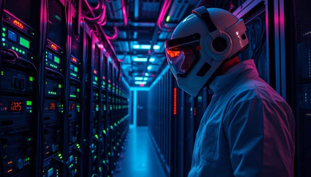 A modern data center with rows of sleek, high-powered servers, surrounded by intricate network cables and colorful indicator lights. In the foreground, a technician in a clean room uniform carefully monitors the systems, their face obscured by a helmet-like visor. The background is dimly lit, creating a sense of focus and intensity, with strategic lighting illuminating the key components. The atmosphere conveys a sense of technical expertise, precision, and the importance of reliable infrastructure for online entertainment platforms.