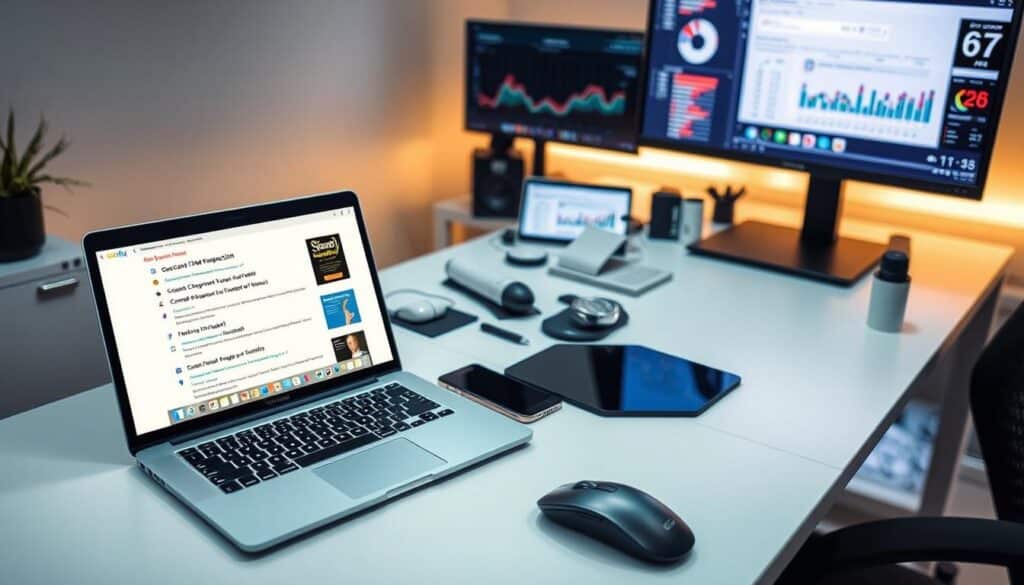 A modern-day workspace with various SEO keyword research tools neatly arranged on a sleek, minimalist desk. In the foreground, a laptop displays a search engine results page, highlighting the importance of keyword selection. The middle ground features an assortment of digital devices, such as a smartphone, tablet, and mouse, symbolizing the multifaceted nature of SEO. In the background, a large monitor showcases analytics dashboards, providing insights into search trends and user behavior. The lighting is soft and warm, creating a professional and productive atmosphere. The overall composition conveys the thoughtful and strategic process of choosing the right keywords to improve website visibility.