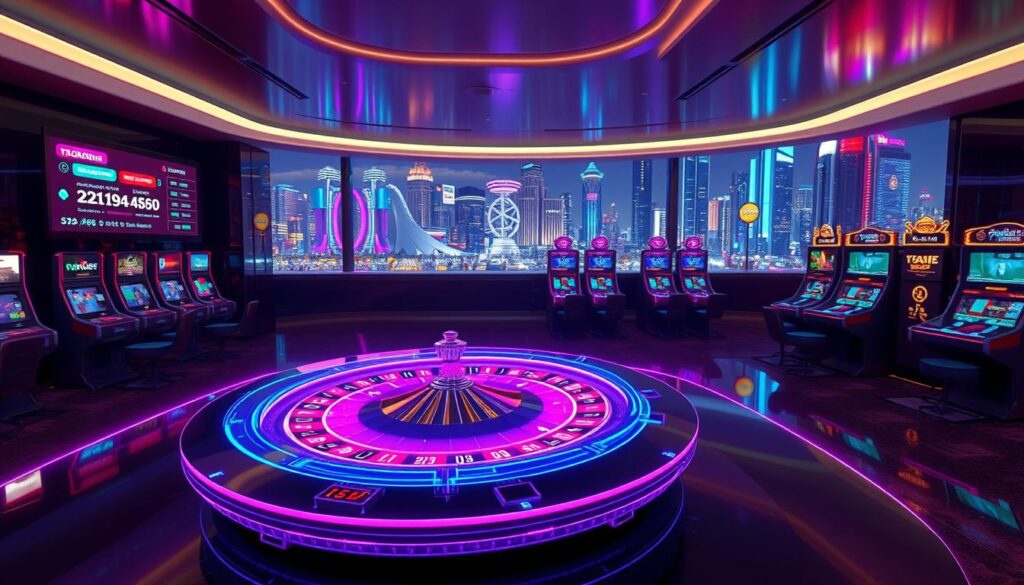 A modern digital casino interior with a sleek, high-tech aesthetic. In the foreground, a holographic roulette table floats above a glossy black surface, the spinning wheel and chips rendered in vivid neon hues. Behind it, a wall-sized screen displays real-time betting odds and game statistics. The middle ground features rows of touchscreen gaming consoles, their screens emanating a captivating glow. In the background, a panoramic view of a futuristic skyline, buildings illuminated by pulsing lights and holographic signage. The overall atmosphere is one of excitement, innovation, and the thrill of online gambling.