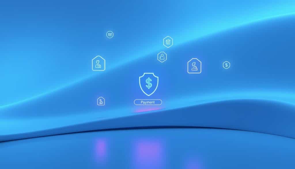 A modern digital payment interface with a clean, minimalist design. Smooth, sleek surfaces in shades of blue and gray evoke a sense of security and efficiency. Floating icons and UI elements suggest the convenience and seamless user experience of digital transactions. The composition is balanced, with the payment process taking center stage, surrounded by subtle details that convey the reliability and trustworthiness of the system. Diffused lighting casts a soft, calming glow, creating an atmosphere of safety and confidence. The overall impression is one of effortless, secure financial management in the digital age.