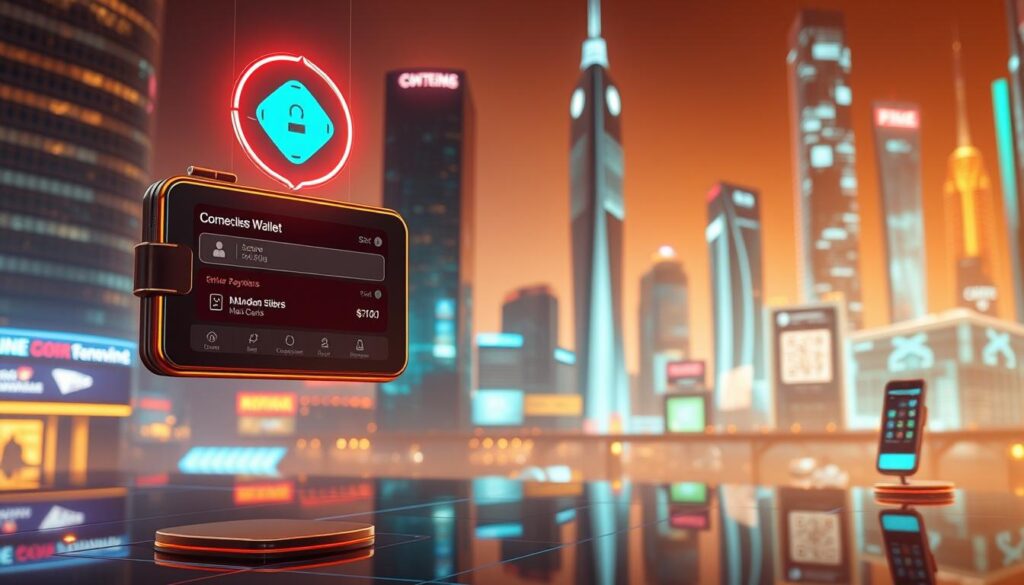 A modern digital payment platform set against a backdrop of sleek cyberpunk-inspired architecture. In the foreground, a virtual wallet icon hovers, its interface displaying secure transaction details and user authentication options. The midground features a variety of digital payment methods, including contactless cards, mobile wallets, and QR code scanners, all seamlessly integrated. The background showcases a cityscape of gleaming skyscrapers and holographic displays, conveying a sense of technological advancement and widespread adoption of these payment tools. Warm, neon-tinged lighting casts an air of sophistication and innovation, while the overall composition emphasizes the safety, convenience, and ubiquity of digital payment solutions.
