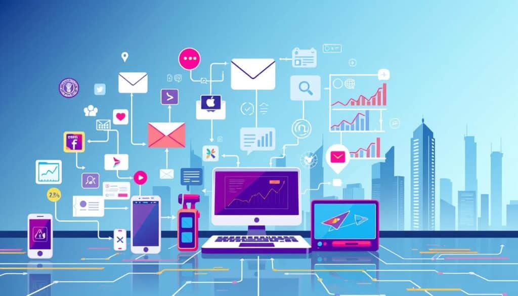 A modern, dynamic illustration showcasing various online marketing channels and their effects. In the foreground, a group of interconnected devices and platforms - smartphone, laptop, social media icons, email newsletter, search engine optimization, and more - symbolizing the digital landscape of promotional strategies. The middle ground features stylized icons and graphs depicting data analytics, engagement metrics, and conversion rates, demonstrating the measurable impact of these marketing channels. The background offers a sleek, minimalist cityscape, hinting at the urban, tech-savvy setting of the online entertainment industry. Vibrant colors, clean lines, and a sense of motion convey the efficiency and adaptability of these promotional approaches.