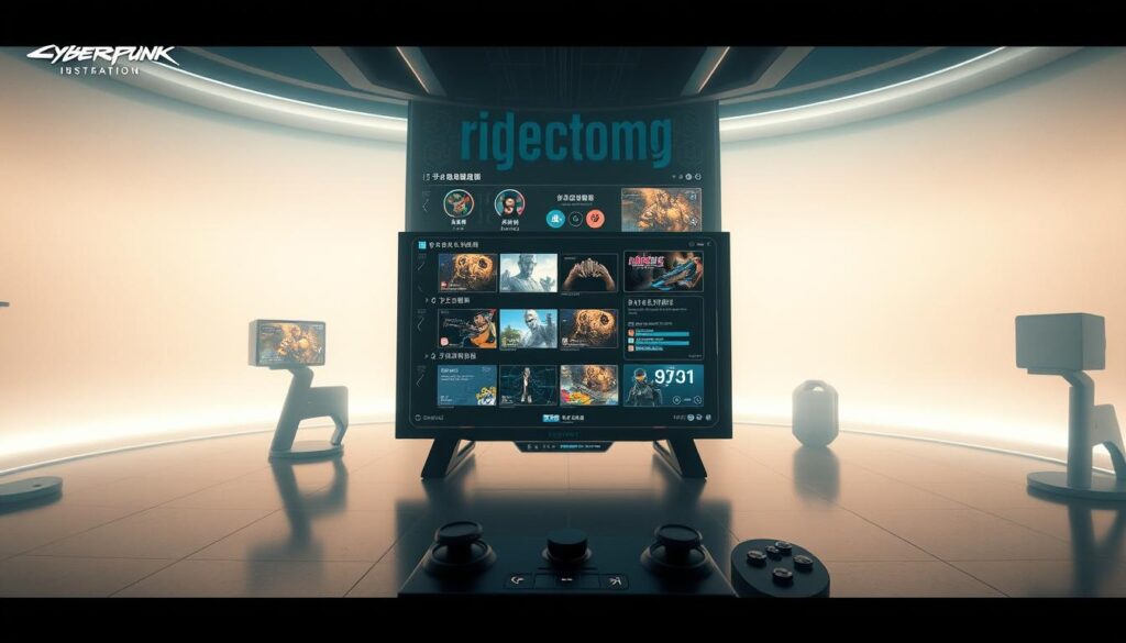 A modern gaming interface with a clean, sleek design. In the foreground, a large, high-resolution display showcases various game options and menus, inviting the user to explore the full breadth of entertainment. The midground features intuitive controls and navigation tools, allowing seamless interaction with the virtual world. The background is a subtle, minimalist setting, emphasizing the clarity and focus on the gaming experience. Soft, diffused lighting creates a warm, welcoming atmosphere, while sharp angles and geometric shapes convey a sense of technological sophistication. The overall composition guides the viewer's attention to the core gaming content, reflecting the instructional nature of the section "遊戲下載過程詳解".