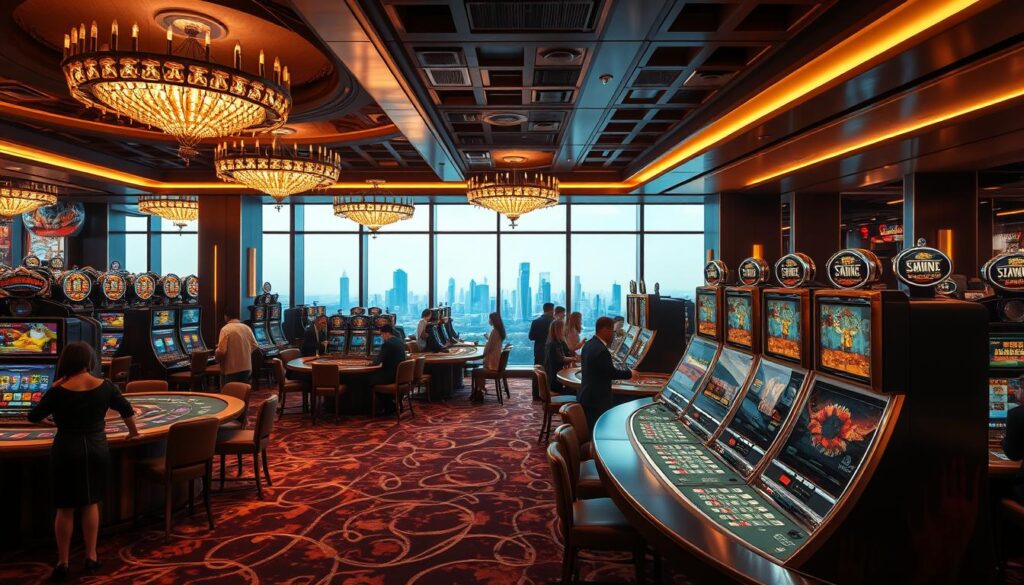 A modern, high-end gambling establishment with a sophisticated ambiance. The foreground features elegant gaming tables and slot machines against a backdrop of lush decor - plush carpets, ornate chandeliers, and gilded accents. The middle ground showcases well-dressed patrons immersed in the excitement of casino games, their expressions a mix of focus and anticipation. In the background, a panoramic view of the city skyline through floor-to-ceiling windows, hinting at the casino's prestigious location. The lighting is warm and inviting, creating a sense of glamour and exclusivity. The overall composition conveys an atmosphere of refined entertainment and the promise of thrilling gambling experiences.