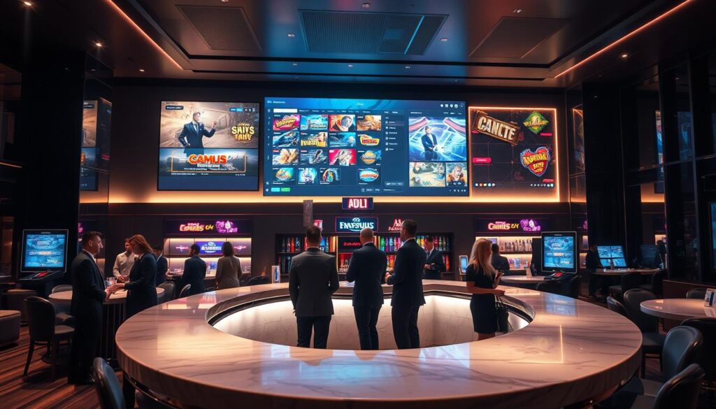 A modern, high-end online casino gaming platform with a professional, sophisticated aesthetic. The scene depicts a sleek, well-appointed interior with a sense of luxury and exclusivity. Soft lighting illuminates a curved, marble-topped bar where well-dressed patrons are engaged in lively conversation. In the background, a large, high-definition display screen showcases the platform's game offerings with vibrant, photorealistic graphics. The overall atmosphere conveys a sense of refinement, attention to detail, and a commitment to providing a premium gaming experience for discerning customers.