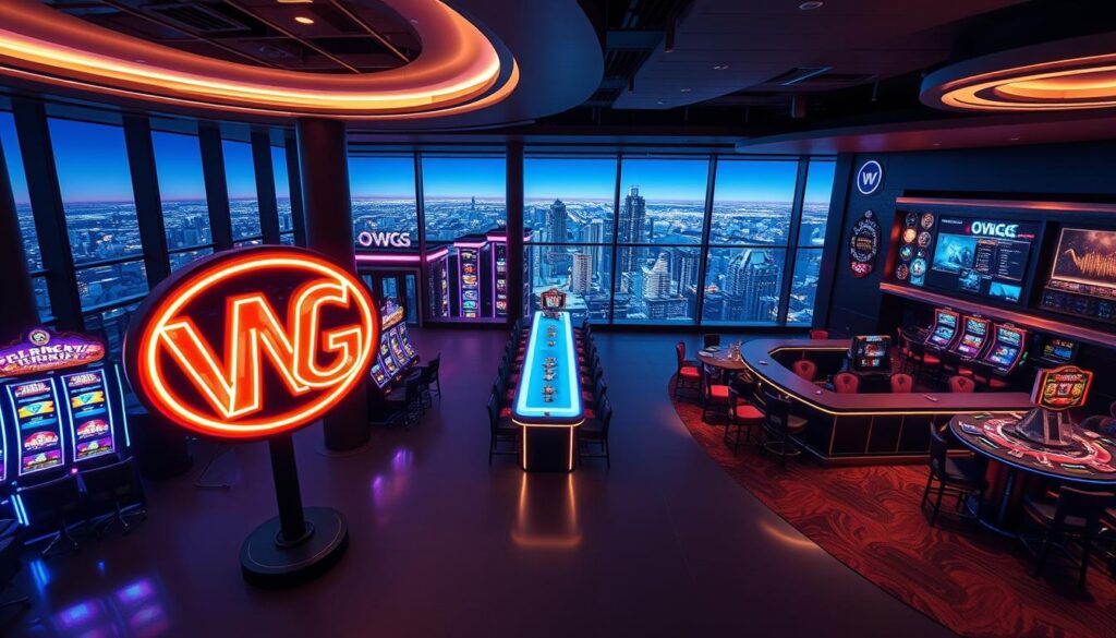 A modern, high-end online casino interior featuring sleek, contemporary design elements. The foreground showcases the casino's signature neon-lit WG logo prominently displayed on the main gaming floor, surrounded by rows of vibrant, state-of-the-art slot machines and gaming tables. The middle ground highlights an expansive bar area with a long, illuminated counter and stylish seating. The background depicts a panoramic view of the city skyline visible through floor-to-ceiling windows, creating a sense of sophistication and urban excitement. The lighting is a balanced mix of warm, ambient tones and cool, vibrant accent lighting, capturing the energy and allure of this premier online entertainment destination.
