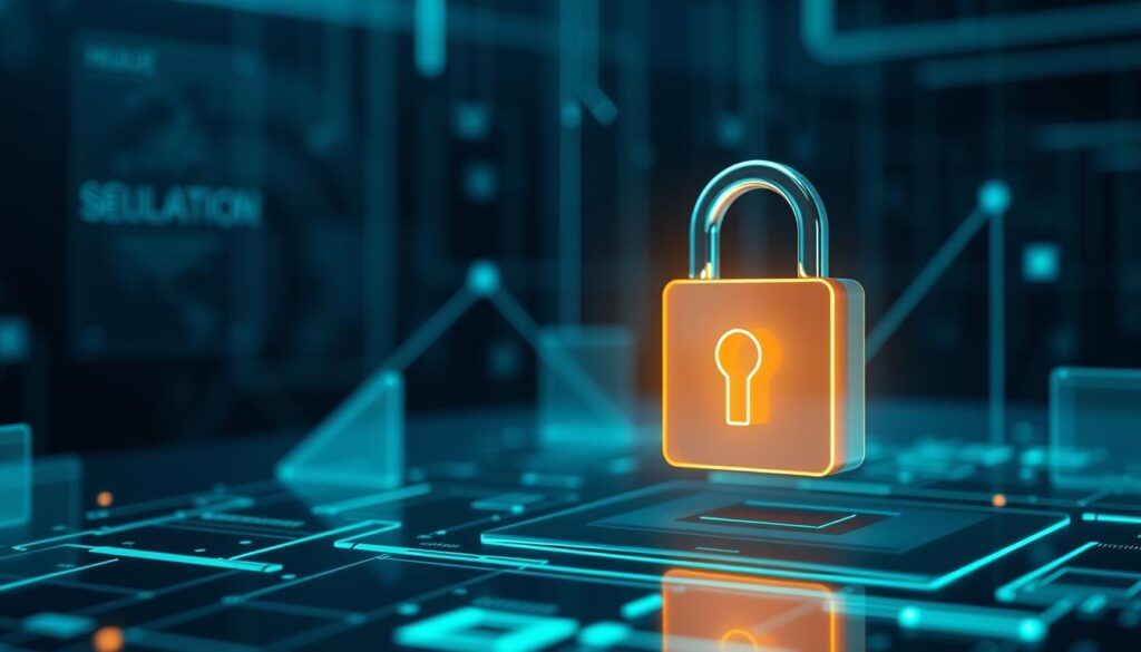 A modern, high-tech cybersecurity platform with a sleek, minimalist interface. In the foreground, a padlock icon glows with a warm, reassuring light, symbolizing the secure nature of the platform. The middle ground features abstract geometric shapes and lines in shades of blue and green, conveying a sense of digital sophistication. In the background, a subtle grid pattern subtly hints at the robust infrastructure underlying the platform. The overall atmosphere is one of trust, reliability, and technological prowess, perfectly capturing the essence of "平台安全性" for the article's section on player confidence and security.