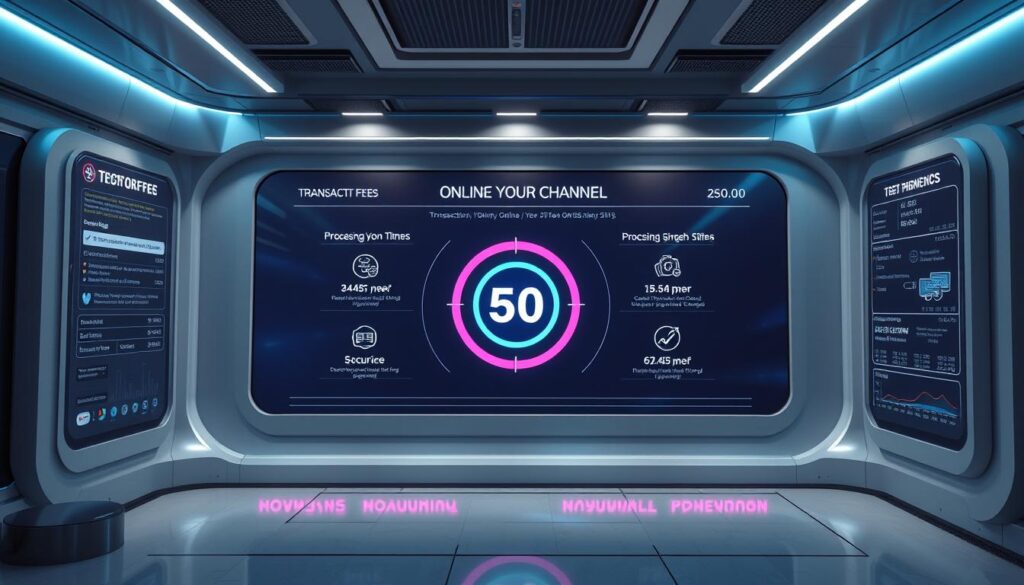 A modern, high-tech gaming interface with a focus on the cost-benefit analysis of online gambling entry channels. Display a clean, minimalist display with a central infographic showcasing the key metrics - transaction fees, processing times, security measures, and overall user experience. Render the scene with a sleek, polished aesthetic using a neutral color palette of grays, blues, and whites. Employ dynamic lighting to create depth and highlight the important data points. Capture the scene from a slightly elevated, three-quarter angle to provide an authoritative, informative perspective. Convey a sense of efficiency, professionalism, and data-driven decision making throughout the composition.