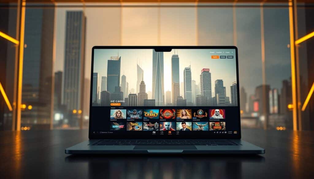 A modern, high-tech online casino with a sleek and minimalist design. In the foreground, a laptop or mobile device displays the casino's user interface, showcasing various gaming options such as slots, table games, and live dealer experiences. The middle ground features a cityscape of towering skyscrapers, reflecting the urban setting of the virtual casino. The background is illuminated by a warm, golden light, creating a sense of sophistication and luxury. The overall atmosphere conveys a seamless, immersive, and technologically advanced online gaming experience.