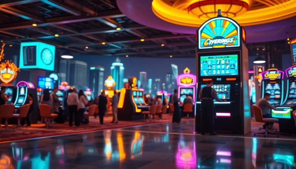 A modern, innovative slot machine stands in the foreground, its sleek design and vibrant LED displays capturing the eye. In the middle ground, a casino floor bustles with activity, patrons eagerly participating in the latest gaming trends. The background showcases a dynamic cityscape, hinting at the ever-evolving landscape of the entertainment industry. The lighting is warm and inviting, creating a sense of energy and excitement. The composition emphasizes the slot machine's prominent position, reflecting the rapid advancements in this sector and its pivotal role in the future of casino gaming.