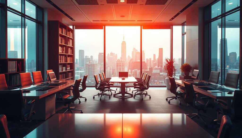 A modern legal office interior with floor-to-ceiling windows showcasing a bustling cityscape. Sleek desks, ergonomic chairs, and a large bookshelf dominate the foreground, conveying an atmosphere of professionalism and authority. Warm lighting casts a soft glow, creating a contemplative mood. The middle ground features a conference table surrounded by chairs, suggesting discussions and negotiations. In the background, the cityscape is visible through the windows, hinting at the broader legal and regulatory environment surrounding online gambling. The overall scene evokes a sense of the complex legal landscape governing the online entertainment industry.