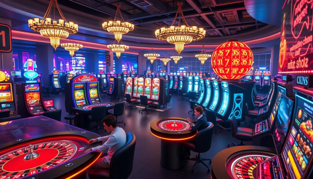A modern, luxurious online casino floor with a variety of engaging game stations and interactive displays. In the foreground, a group of animated avatars sit at sleek electronic roulette and blackjack tables, their expressions focused as they make strategic bets. In the middle ground, larger-than-life holographic slot machines spin hypnotically, their vibrant neon lights casting a warm glow across the scene. The background features a panoramic view of the bustling casino, with high ceilings, opulent chandeliers, and a palpable energy that invites players to explore the diverse gaming options. The lighting is dramatic, with dramatic shadows and highlights that heighten the sense of anticipation and excitement. The overall atmosphere is one of modern luxury, technological innovation, and the thrill of the gamble.