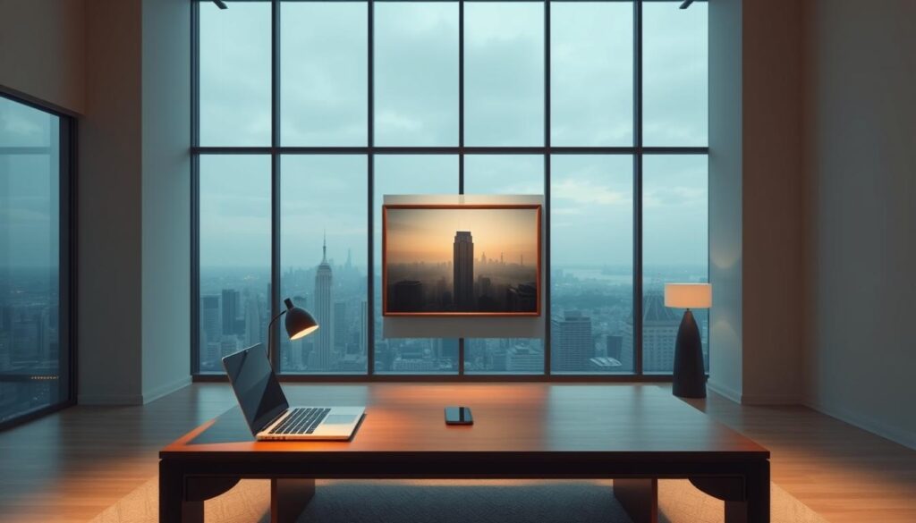 A modern, minimal interior design with clean lines and a neutral color palette. In the foreground, a sleek, wooden table with a laptop, smartphone, and a subtle, glowing lamp. In the middle ground, a large, framed landscape painting on the wall, creating a sense of serenity and balance. The background features floor-to-ceiling windows, allowing natural light to flood the space and offering a panoramic view of a bustling city skyline. The overall atmosphere is one of sophistication, productivity, and leisure, inviting the viewer to imagine the perfect setting for researching and evaluating online entertainment options.