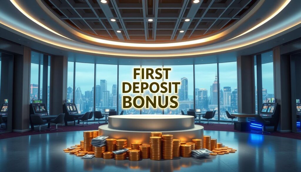 A modern, minimalist casino interior with a bright, welcoming atmosphere. A central podium displays a large "First Deposit Bonus" sign illuminated by soft, diffused lighting. The foreground features stacks of gold coins and crisp banknotes, conveying the financial rewards of the bonus. The middle ground shows a curved gaming counter with sleek digital displays, hinting at the online casino experience. The background depicts a panoramic view of a lively city skyline through floor-to-ceiling windows, creating a sense of excitement and opportunity. The overall scene suggests a premium, trustworthy online casino experience with tangible financial incentives for new players.