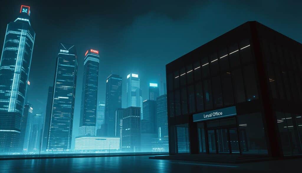 A modern, minimalist cityscape at night, with neon-lit skyscrapers and towering office buildings. In the foreground, a sleek, glass-fronted building with a discreet sign indicating it is a legal office. The lighting is moody and dramatic, with deep shadows and highlights that emphasize the architectural details. The scene conveys a sense of corporate power, wealth, and the complex legal landscape surrounding the online gaming industry. The overall impression is one of sophistication, regulation, and the high-stakes world of online entertainment.
