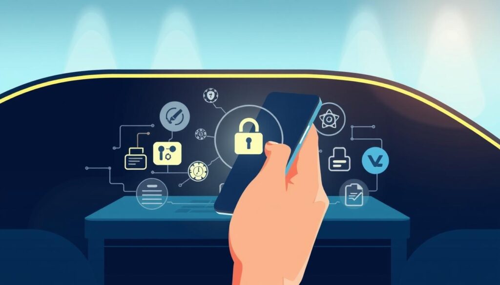 A modern, minimalist illustration depicting strategies for preventing online gambling fraud. In the foreground, a hand holding a smartphone, representing the digital nature of the subject. The middle ground features abstract icons and infographic elements symbolizing security, verification, and vigilance. The background has a cool, calm color palette, evoking a sense of control and safety. Lighting is soft, indirect, and emphasizes the sleek, technological aesthetic. The overall composition conveys a clear, practical message about safeguarding oneself in the digital gambling landscape.