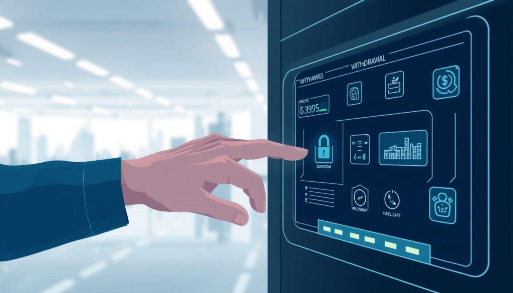 A modern, minimalist illustration depicting the cash withdrawal process in a digital banking environment. In the foreground, a hand reaches out to interact with a sleek, touch-screen interface, surrounded by clean lines and a muted color palette. The middle ground features various UI elements and icons representing the withdrawal workflow, while the background showcases a blurred cityscape or financial institution, conveying a sense of security and efficiency. The lighting is soft and directional, creating subtle shadows and highlights to accentuate the digital aesthetics. The overall scene captures the streamlined and technologically-advanced nature of the withdrawal procedure.