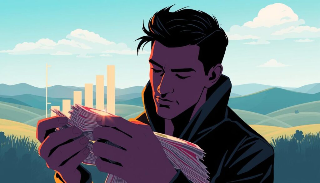 A modern, minimalist illustration depicting the importance of financial management techniques. In the foreground, a person carefully counting stacks of banknotes, their face expressing deep concentration. The middle ground features a simple bar graph visualizing the growth and stability of a financial portfolio. In the background, a serene landscape with rolling hills and a calm, azure sky, conveying a sense of financial security and well-being. The lighting is soft and natural, creating depth and dimension. The overall mood is one of control, prudence, and the power of effective money management strategies.