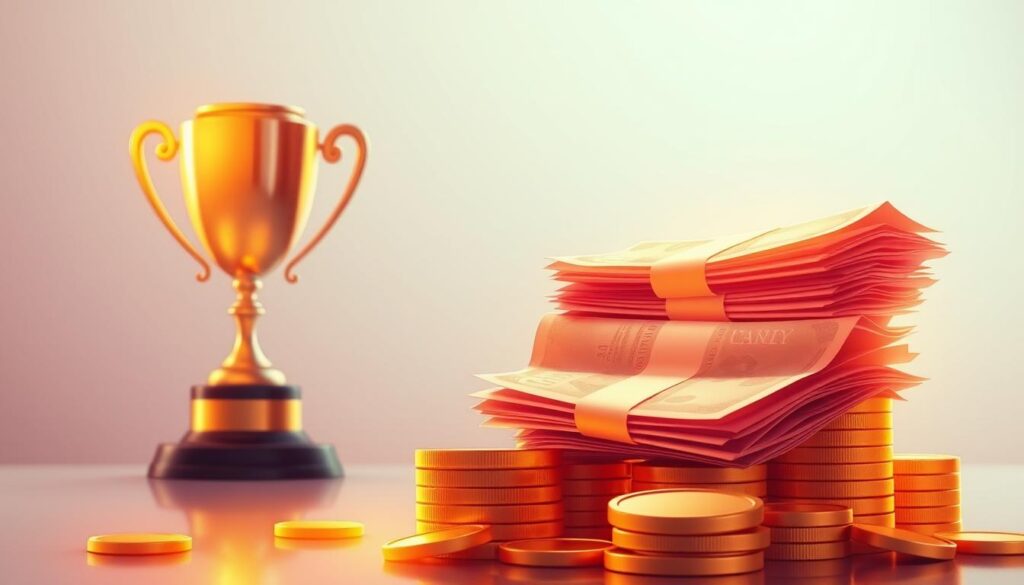 A modern, minimalist illustration showcasing a cash rewards program. In the foreground, a stack of gold coins and banknotes, illuminated by warm, focused lighting. In the middle ground, a shiny award trophy, its reflective surface catching the light. The background features a clean, gradient-filled space, evoking a sense of prosperity and financial opportunity. The overall composition conveys a message of lucrative bonuses and incentives, suitable for highlighting a casino's generous rewards system.