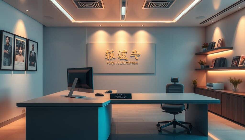A modern, minimalist office interior with a large desk and ergonomic chair. The desk is neatly organized with a sleek computer setup and a nameplate that reads "Guanli Entertainment City Customer Service". The lighting is soft and diffused, creating a warm and inviting atmosphere. The walls are adorned with tasteful artwork and shelves displaying customer testimonials and awards. The overall mood conveys a sense of professionalism, efficiency, and a commitment to providing exceptional customer service.